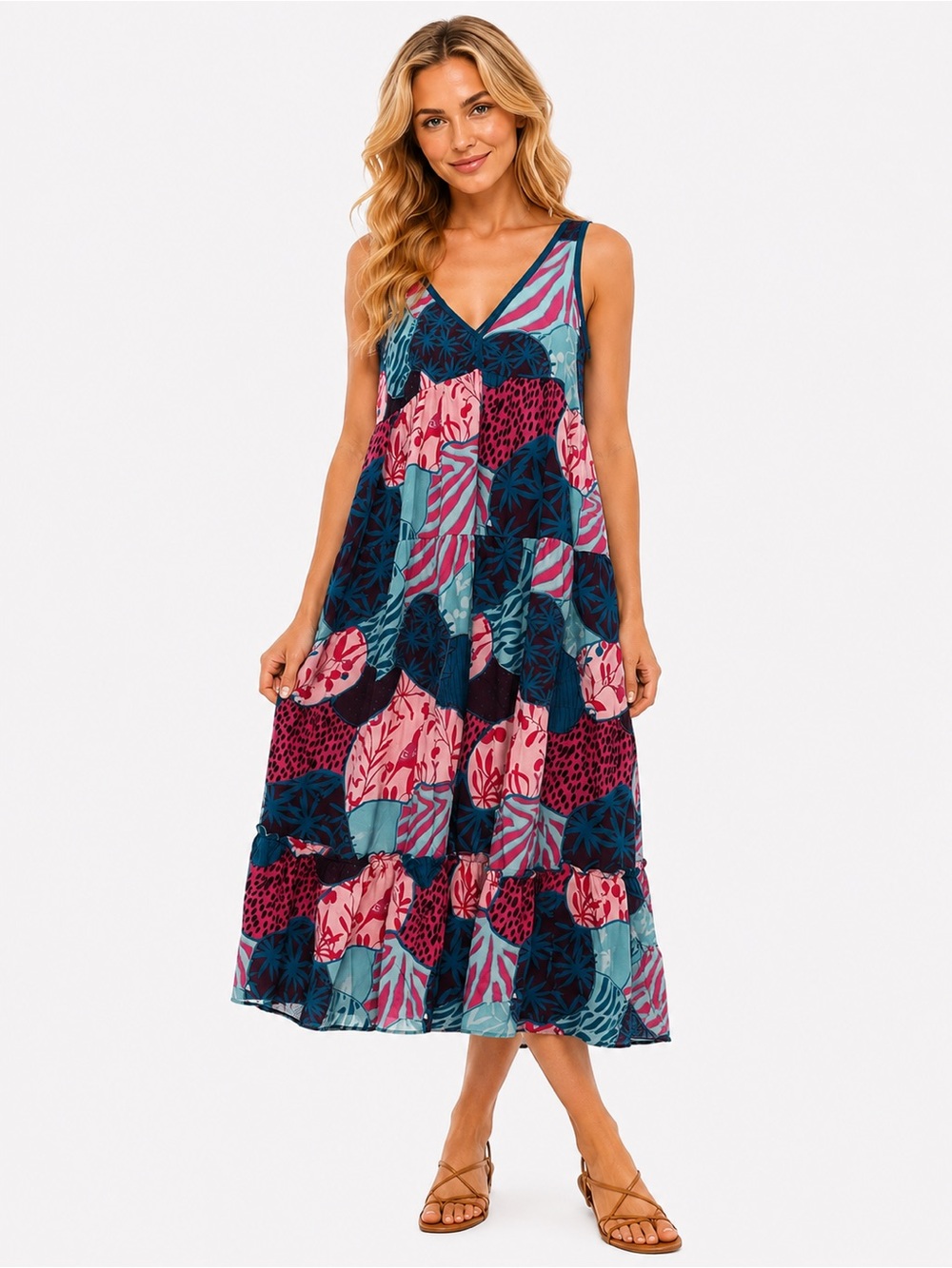 NWT Umgee Size Medium Sleeveless V-Neck Tropical Patchwork Maxi Dress Pink Tea